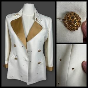 VTG Eva Polini Couture Rhinestone Blazer Womens Size White Gold Bling Elegant